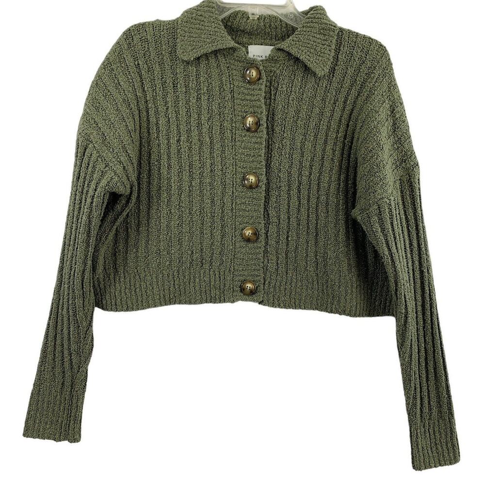 Pink Rose Cardigan Sweater Womens Large Green Cropped Ribbed Knit Collared